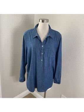 Tommy Hilfiger Womens Plus 1X Chambray Tunic Shirt Roll Tab Sleeve Pullover Top